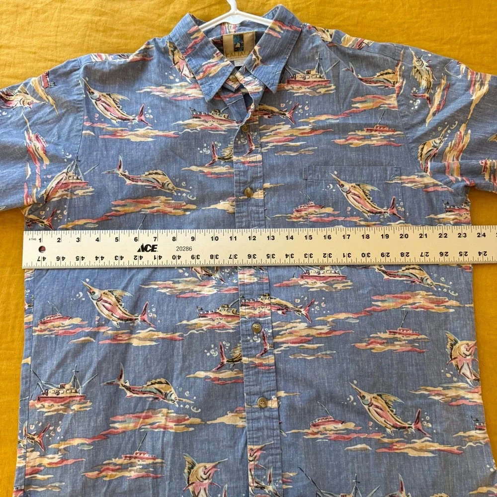 Kahala Mens Blue Cotton Marlin‎ Fishing Boat Hawaiian Aloha Shirt M Handcrafted